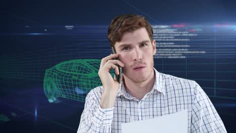 animación de un hombre de negocios caucásico usando un teléfono inteligente sobre un modelo de dibujo 3d de un coche y una cuadrícula