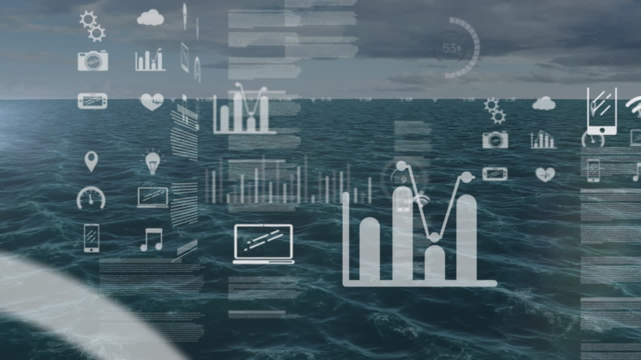 Animation of data processing with icons over sea