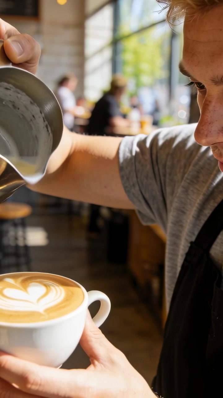 Video verticale: Dopo aver vaporizzato il latte, un barista in grembiule versa il latte nella tazza formando un cuore al bancone, con spazio per il testo.