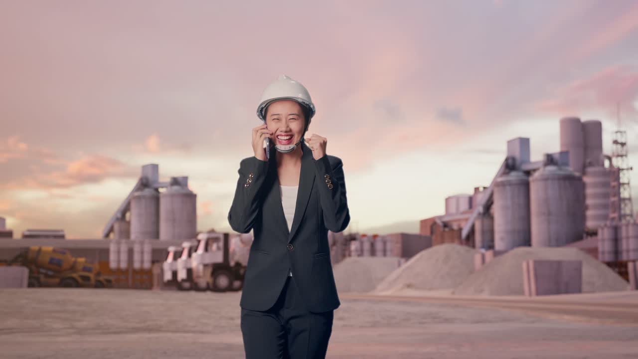 Frontbillede af asiatisk forretningskvinde, der taler i smartphone, mens hun går og fejrer på en industriel cementfabrik ved solnedgang.