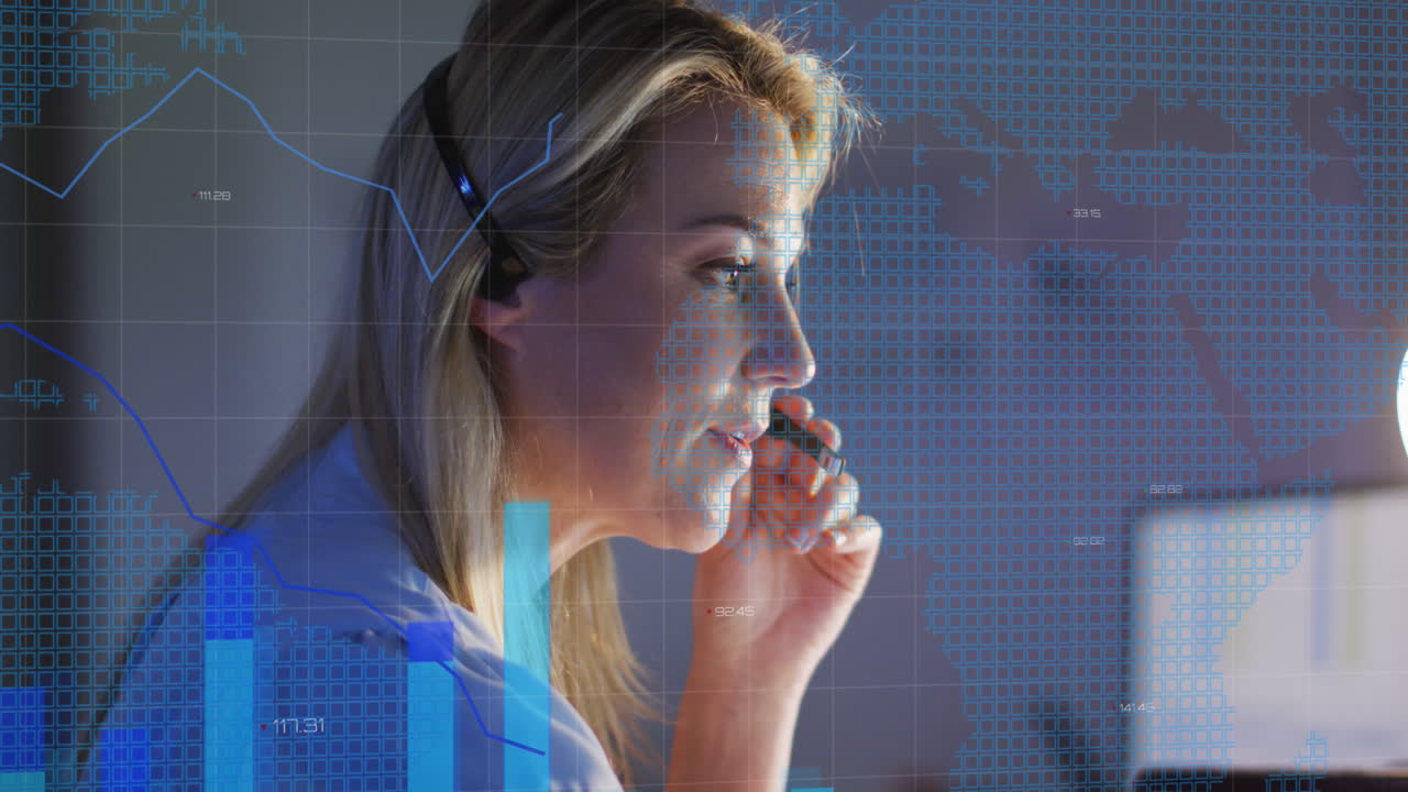 Animation of financial data processing over caucasian businesswoman working in office