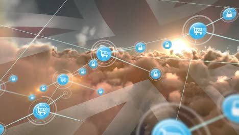 animation of network of profile icons over clouds and sun in the sky against waving uk flag