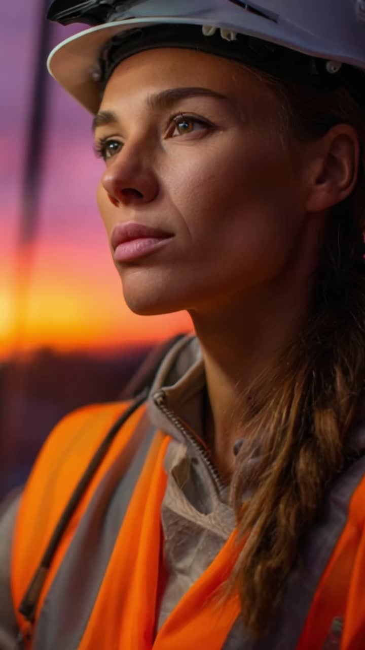 A determined construction worker gazes into the horizon at sunset, embodying strength and dedication while wearing a safety helmet and reflective vest