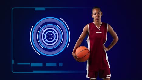 animation of scopes scanning and data processing with female basketball player