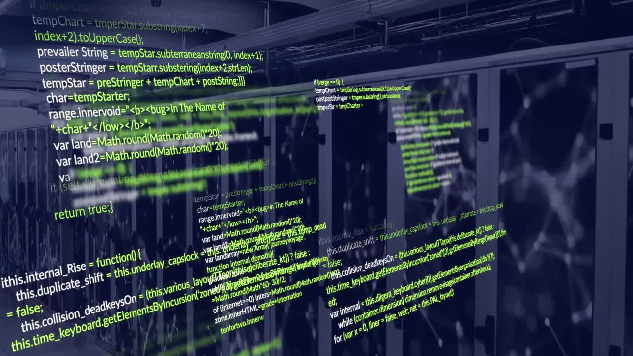 animación del procesamiento de datos y la red de conexiones contra la sala de servidores de computadoras