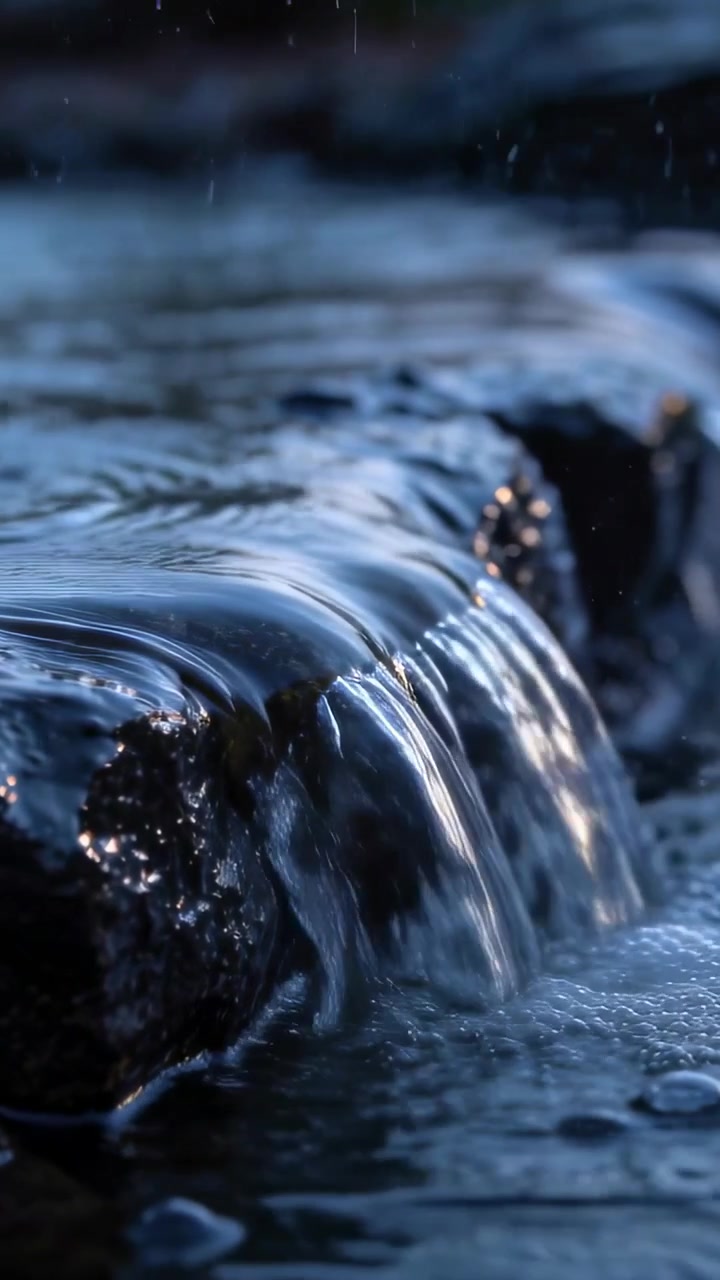 Video verticale: Cascata che scorre e si riversa su una sporgenza rocciosa scura in un ruscello con la pioggia che forma schiuma
