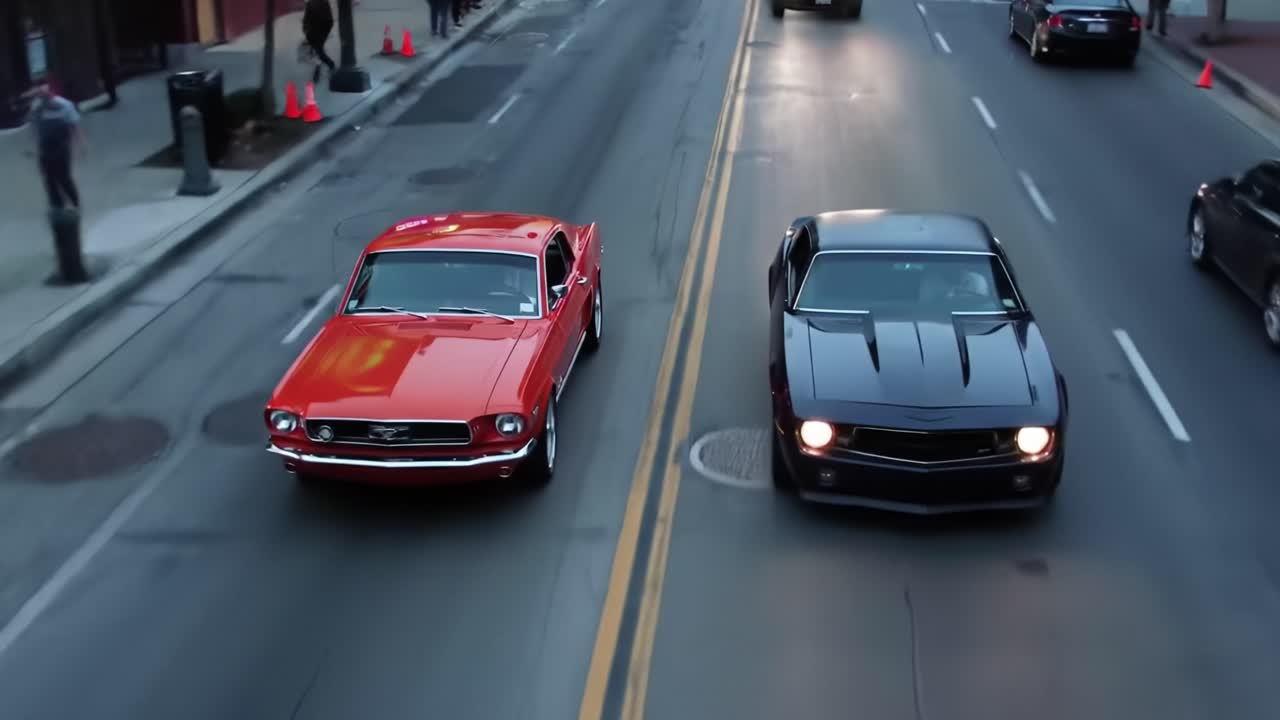 Two classic muscle cars, one orange and one black, speed down busy downtown streets as pedestrians watch during a lively evening cruise event. Excitement fills the air as engines roar.