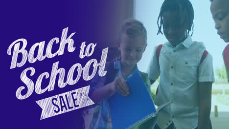 animation of back to school text over happy diverse school kids at school