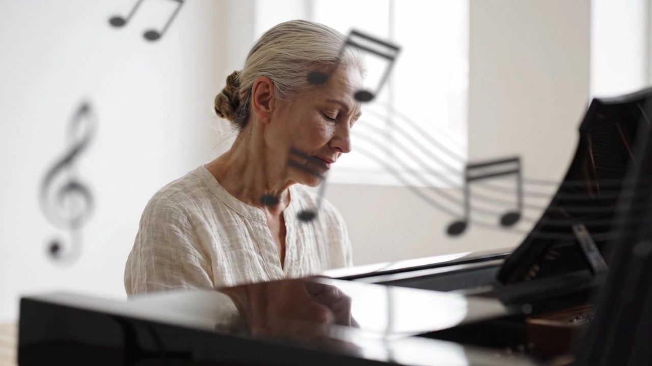 Senior Woman Playing Piano with Concentration as Musical Notes Surround Her in a Bright Interior, Capturing the Joy and Elegance of Music Performance