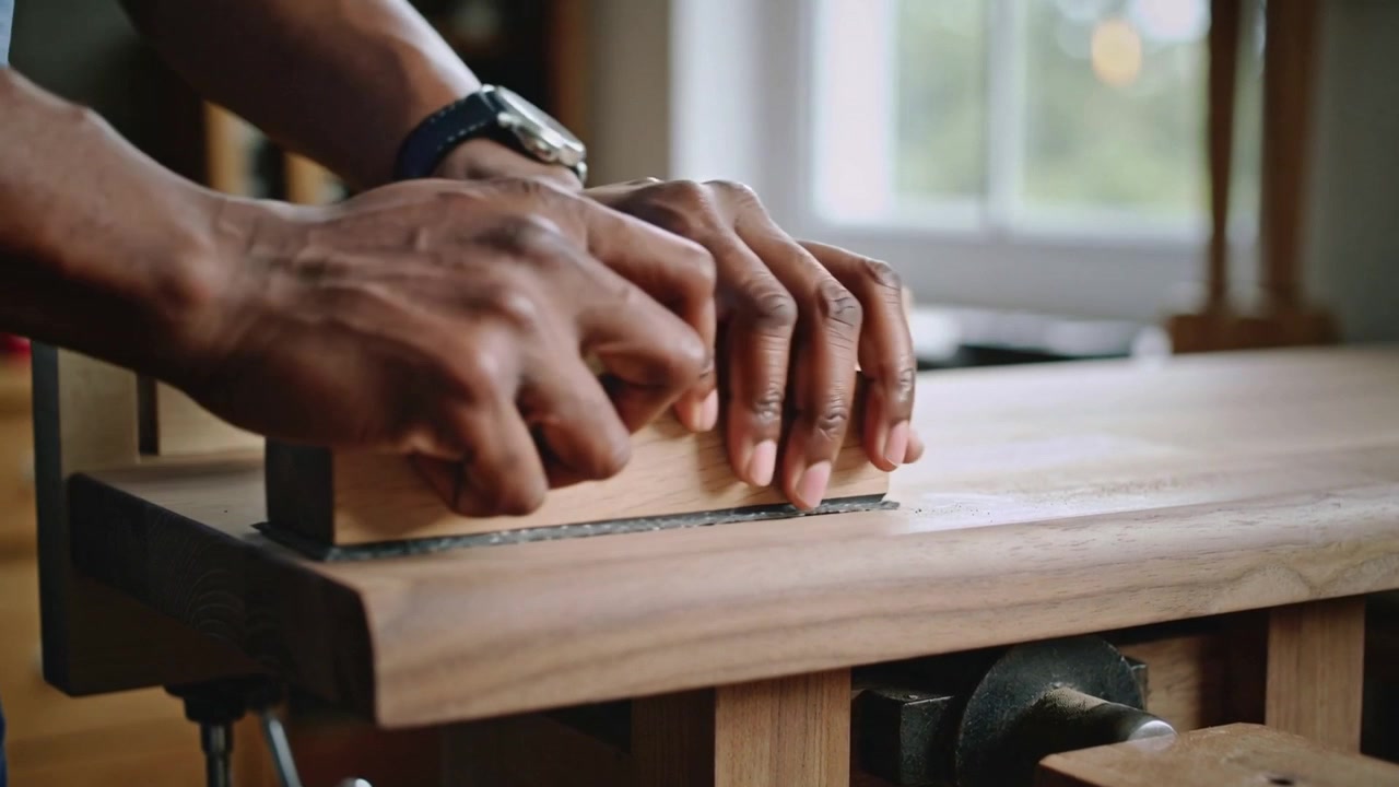 Placing sanding block, hands sanding clamped plank in vise on bench to smooth board, short-sleeve
