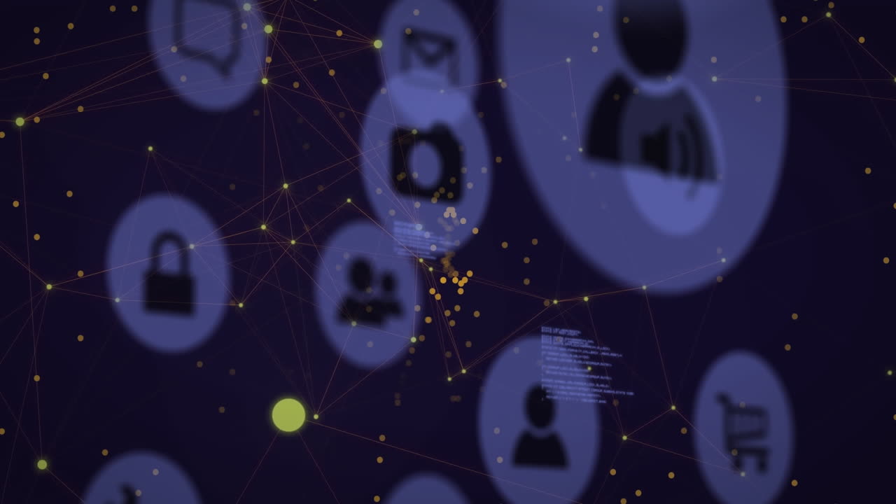 animación de iconos digitales y procesamiento de datos contra una red de conexiones sobre un fondo negro.