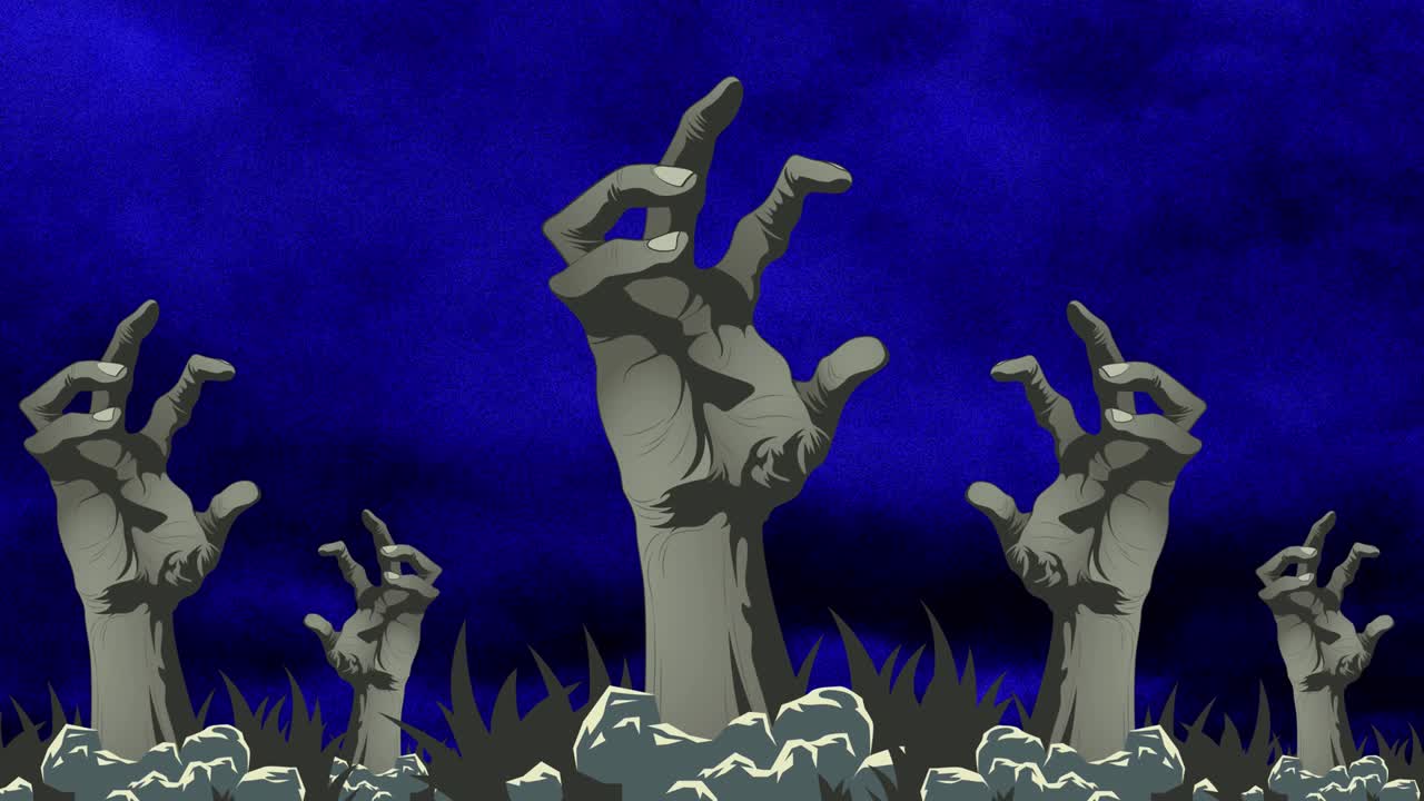 animación digital de múltiples manos de zombis contra el efecto de humo azul sobre fondo negro