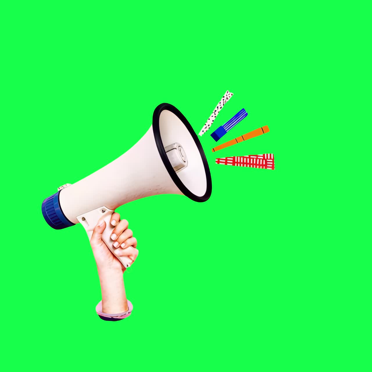 Video 4K trasparente con concetto di comunicazione tramite megafono colorato, green screen