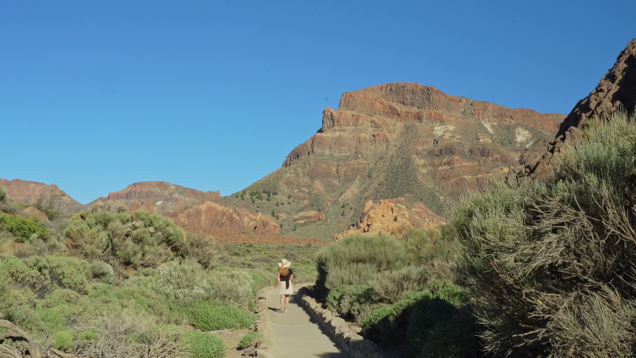 무모 한 여자 가 테네리페 의 테이데 국립 공원 에서 산책 하여 휴가를 즐긴다