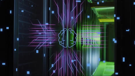 Animation of brain, digital data processing and circuit board over computer servers