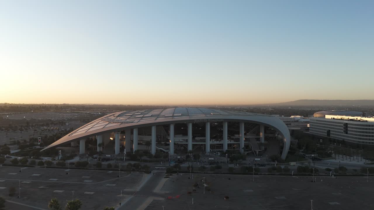 Sofi Stadium Aerial Shot During Sunrise with empty parking lot