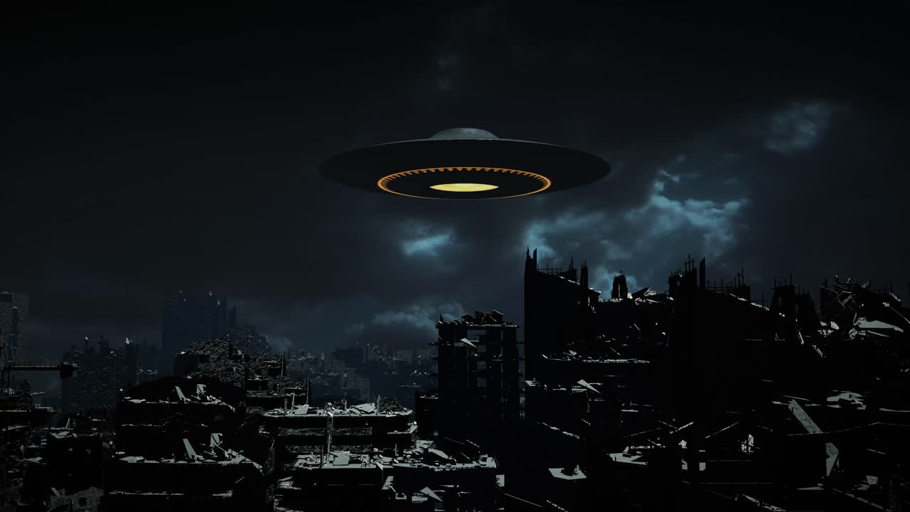 UFO Over City Ruins