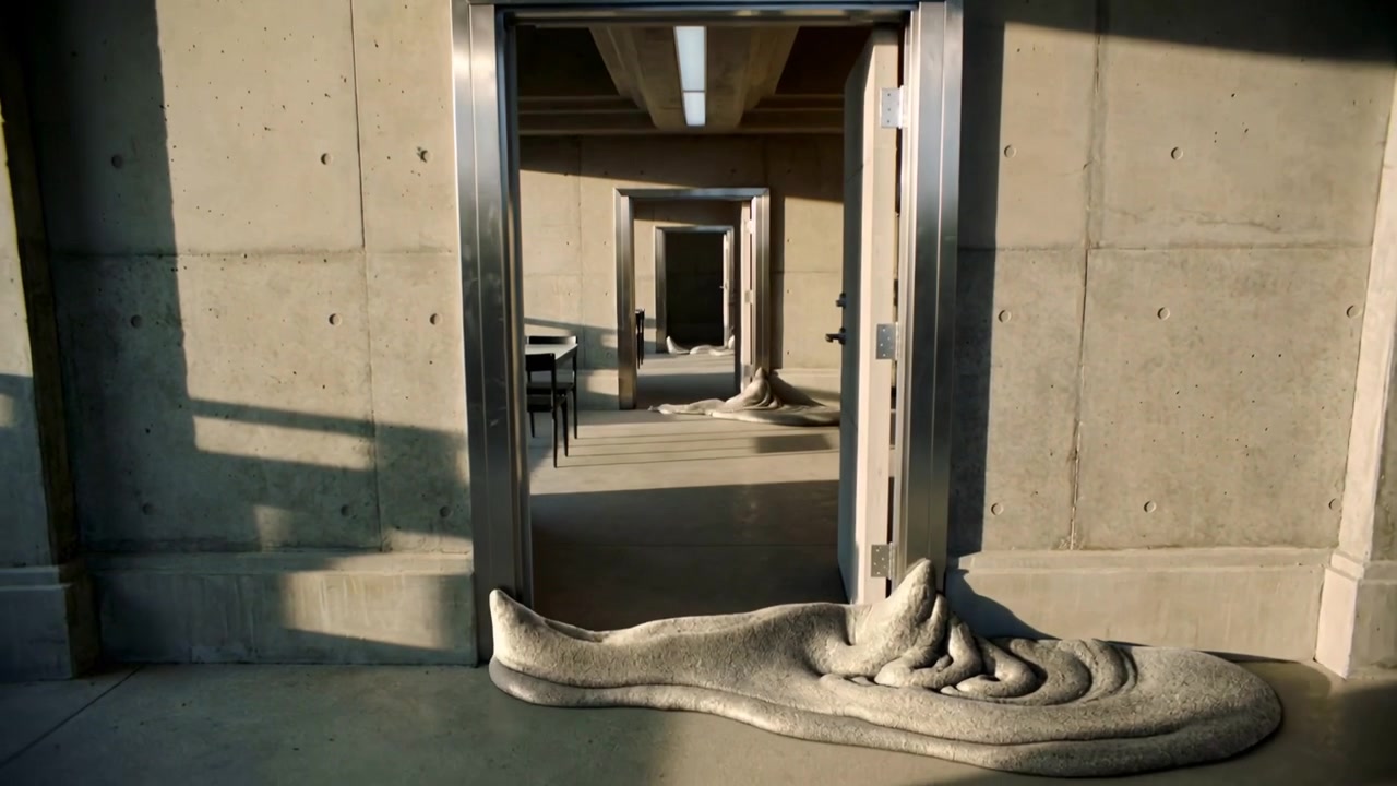 Porta bianca di metallo con maniglia a leva che si apre in un corridoio, mentre una melma grigia si srotola e si espande.