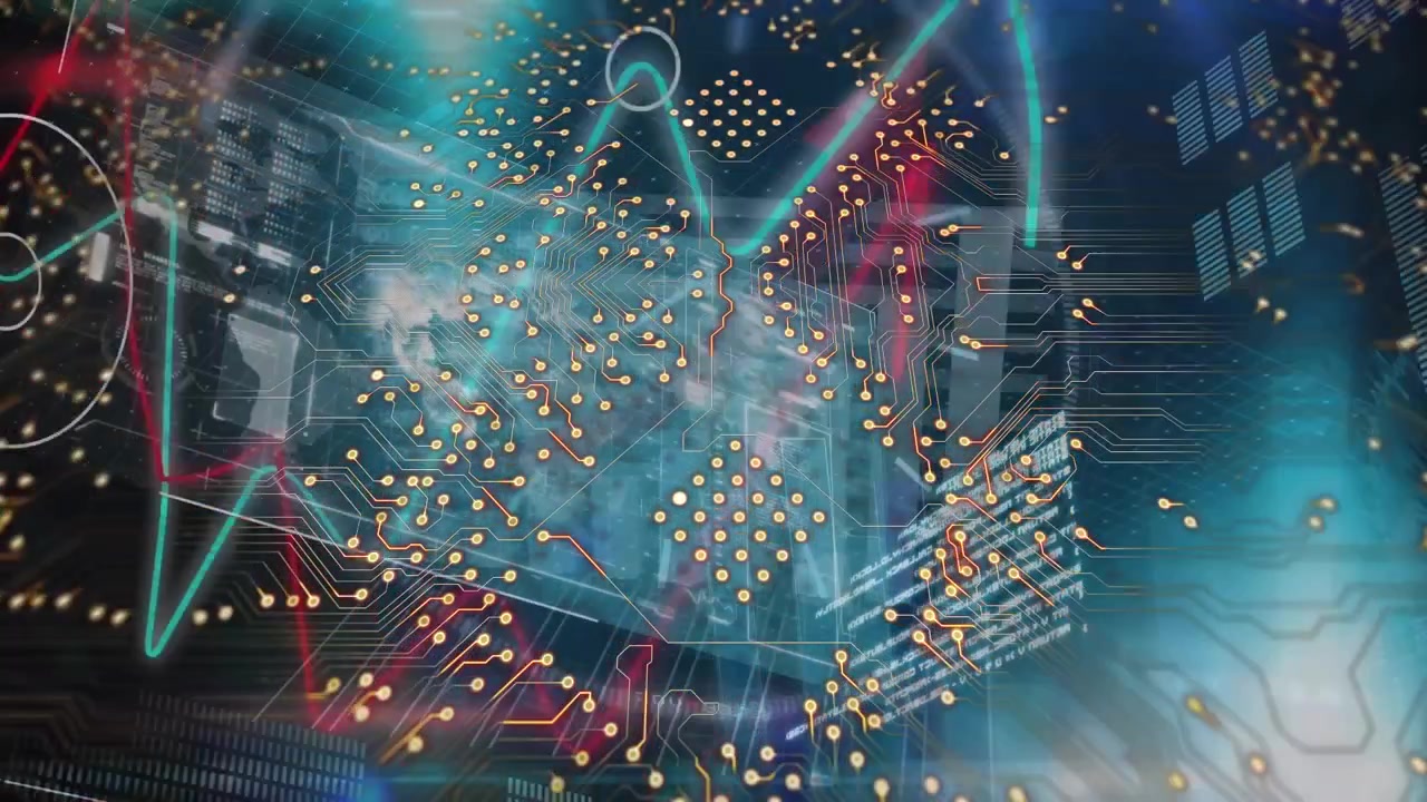 Animation of integrated circuit over data and graphs on blue background