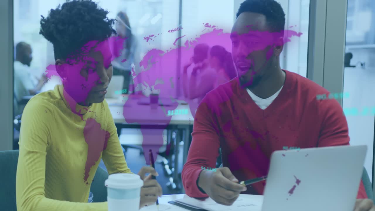 Animation of data processing and world map over african american business people in office