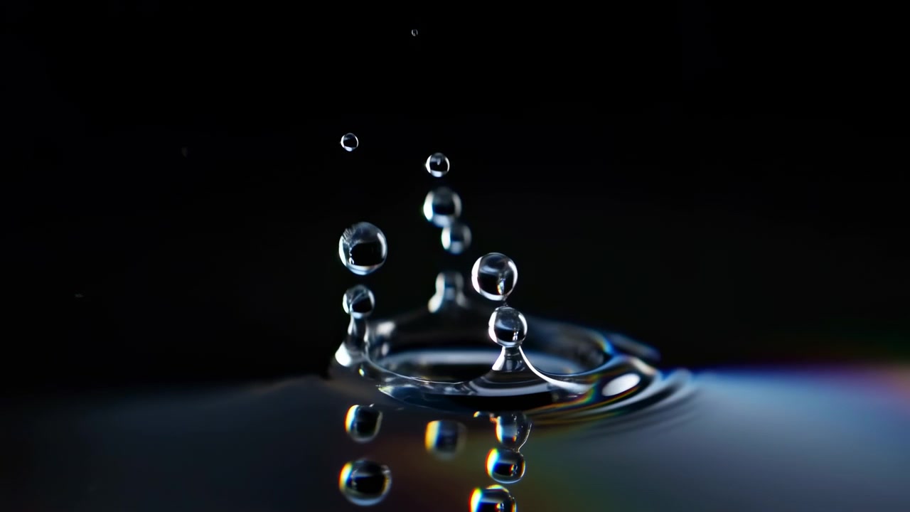 Nahaufnahme eines Wassertropfens, der auf eine spiegelglatte Oberfläche trifft und kreisförmige Wellen, Kronenspritzer und hochgeworfene Perlen vor einem dunklen Verlaufs-Hintergrund mit glänzenden Reflexionen und einer ruhigen luxuriösen Stimmung bildet
