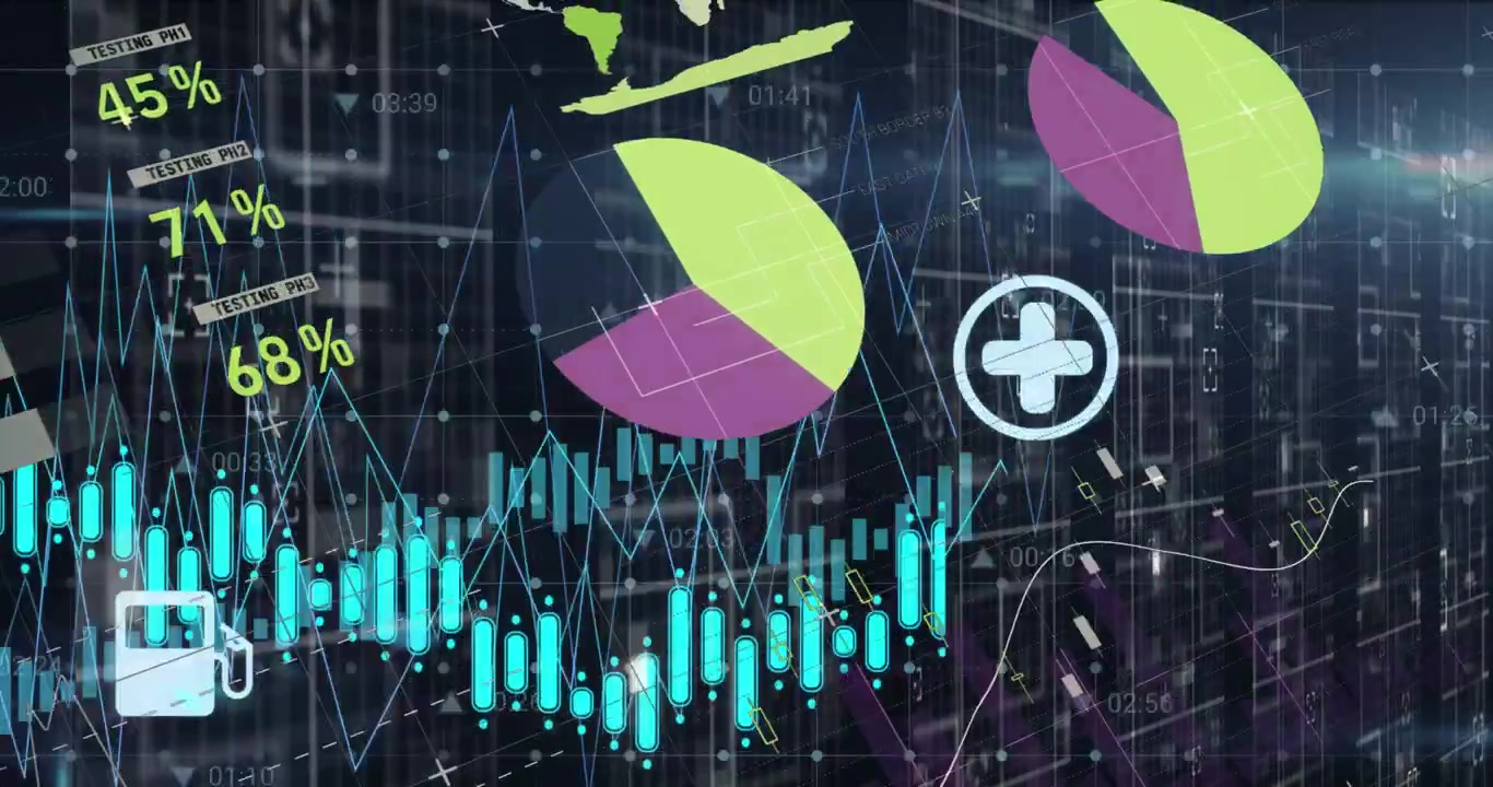 Animation of floating icons, lens flare moving over infographic interface on abstract background