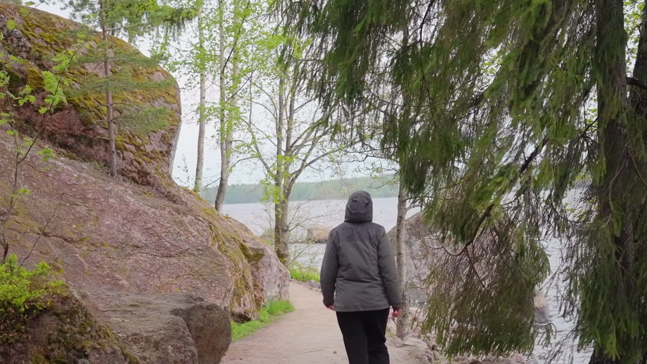 Caucasian Person Walking Along Forest Path Toward Calm Water, Passing Hanging Fir Branches And Rocky Outcrops. Creative