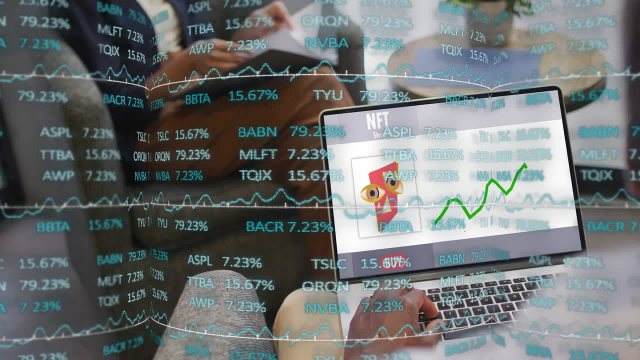 Discussing NFT trends, people viewing stock market data overlay on laptop screen