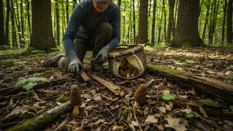 forager in a lush forest collecting delicious morel mushrooms amidst sunlit trees and leafy ground, showcasing the beauty of nature and sustainable harvesting techniques