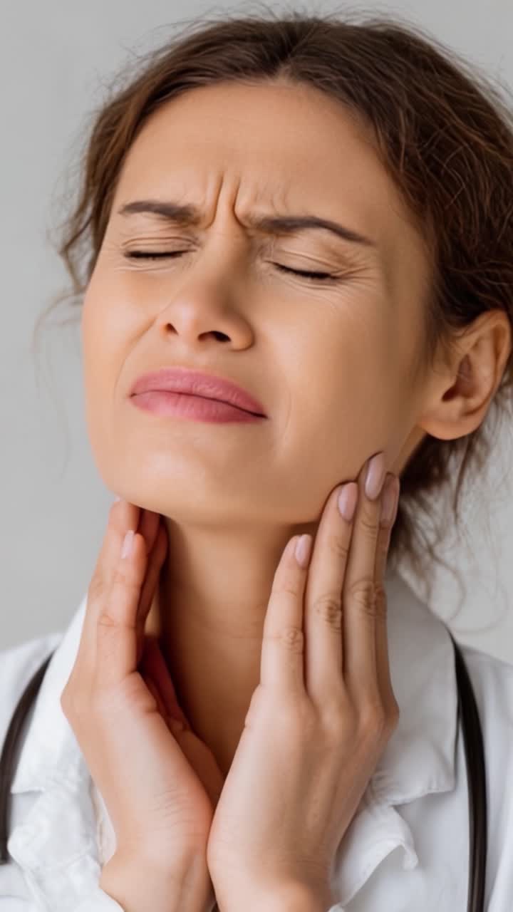 Espressioni di dolore: la lotta di una donna con il disagio alla gola, catturata in due inquadrature intense che evidenziano la profondità del suo malessere e della sua preoccupazione.