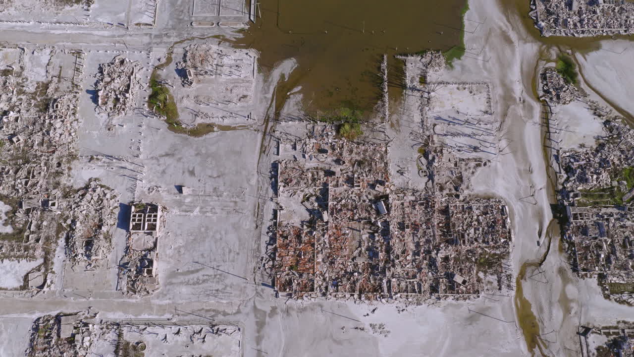 Drone top-down view of the ruins of Epecuén, a flooded ghost town near Epecuén Lake in Buenos Aires Province, Argentina