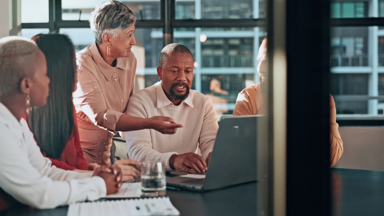 Laptop, digital agency or business people