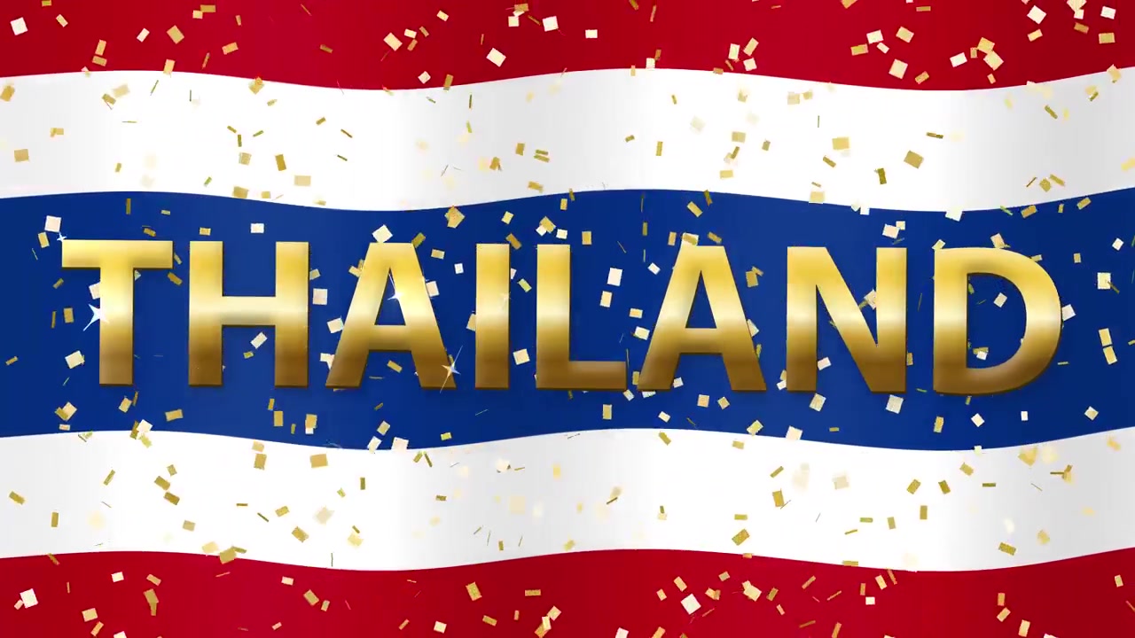 Cờ quốc kỳ Thái Lan hoạt hình với chuyển động tung bay, chữ vàng và pháo kim tuyến lấp lánh rơi