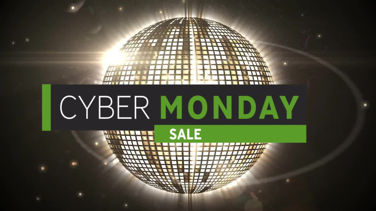 사이버 월요일 판매: 빛나는 디스코 공의 텍스트 오버 애니메이션