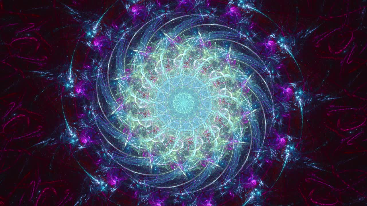 mandala de caleidoscopio fractal en bucle sin fin, hermosos e intrincados patrones de color arremolinándose y entrelazados