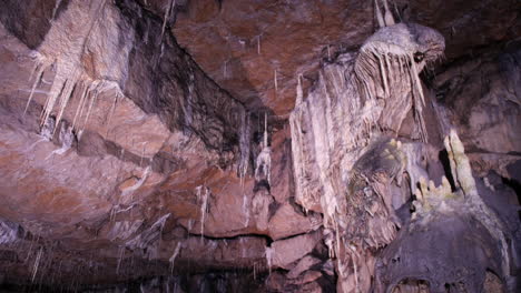 an expansive cave features a ceiling adorned with delicate stalactites and massive rock formations. the rugged textures and formations with intricate geological details