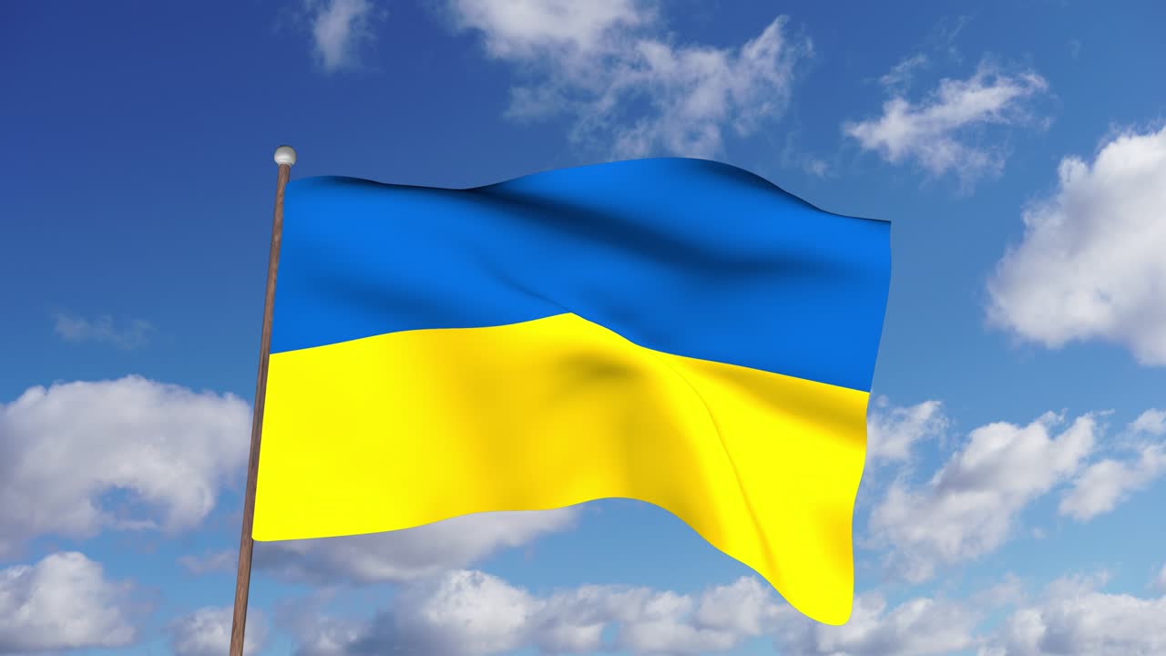 우크라이나 발의 애니메이션: 푸른 하늘을 배경으로 흔들리는 우크라이나 국기, 바람을 흔들는 우크라이나의 발, 국가 상징, 국가.