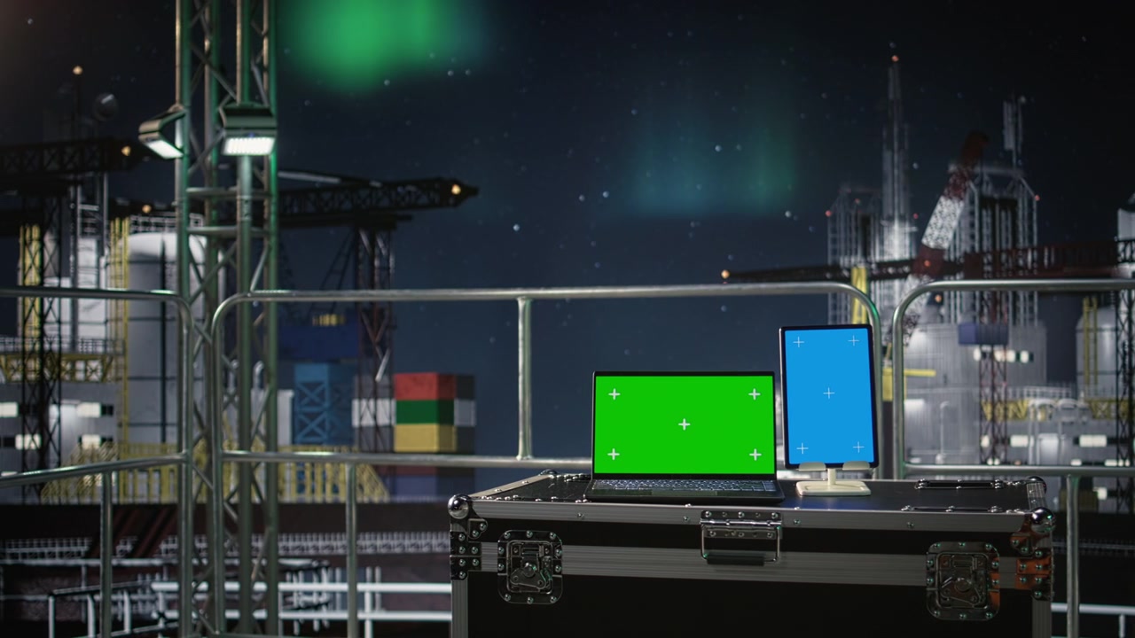 Dispositivi mockup con schermo verde, monitoraggio della produzione e piattaforma offshore