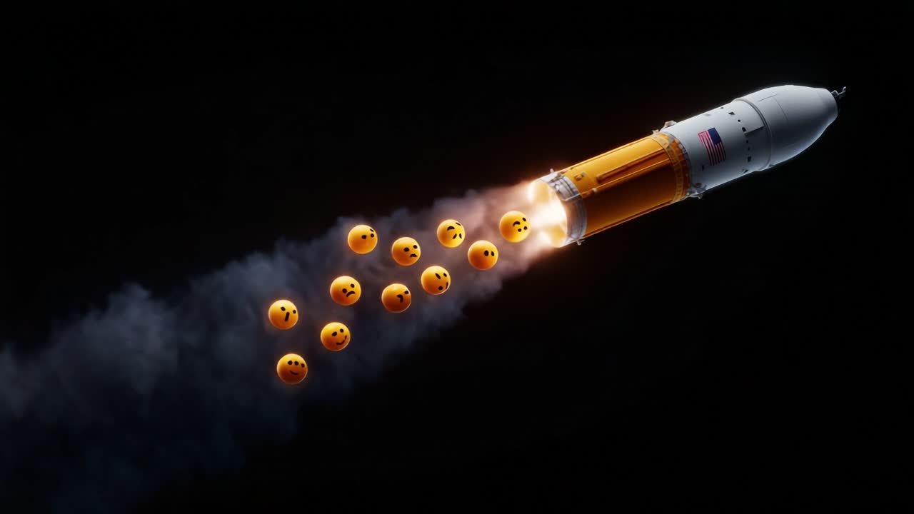 Un audace lancio di un razzo nello spazio, circondato da stravaganti emoji sorridenti, che decolla con un'esplosione di fuoco creando un'accattivante visualizzazione di entusiasmo ed eccitazione