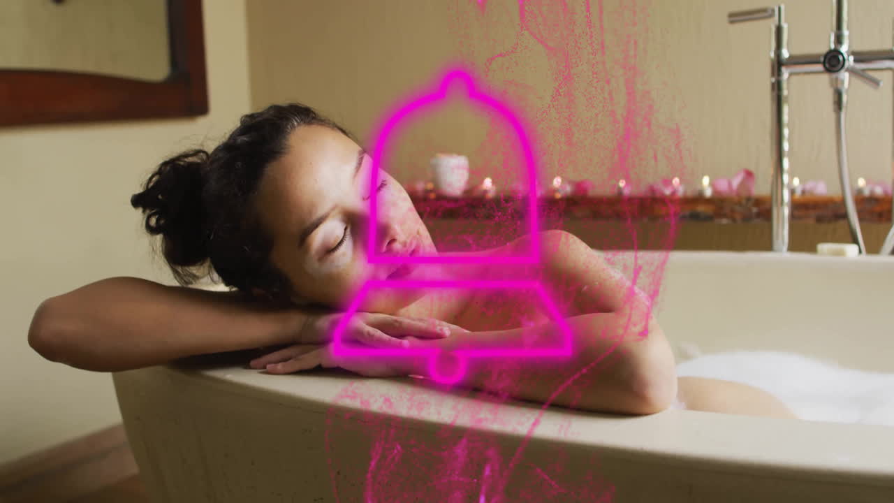 woman relaxing in bathtub, with animated floating bubbles, rose petal icons and spa graphics