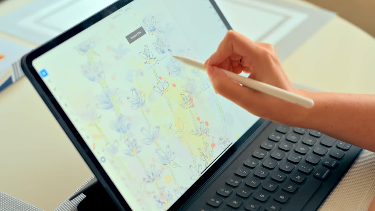 Woman drawing flowers on a tablet with a stylus pen