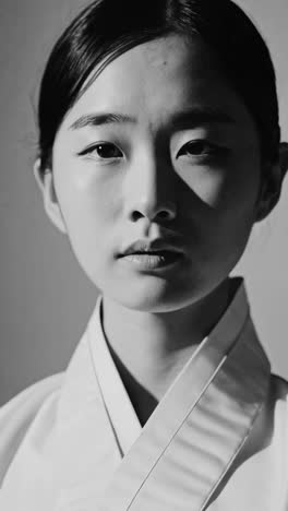 black and white portrait of a woman in traditional korean clothing