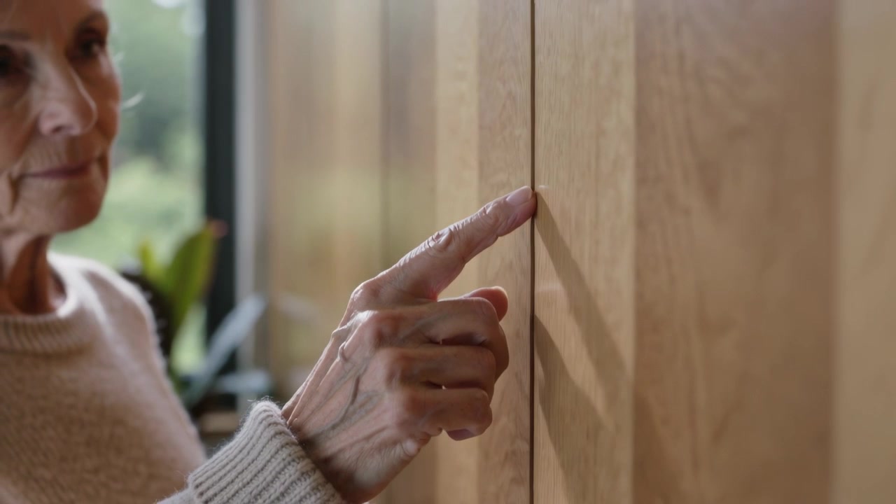 Approaching woman in beige sweater placing fingertip, holding on wood cabinet seam testing at home