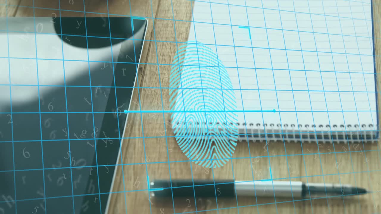 Animation of scanning fingerprint, numbers over coffee cup, pen, notepad and digital tablet on table