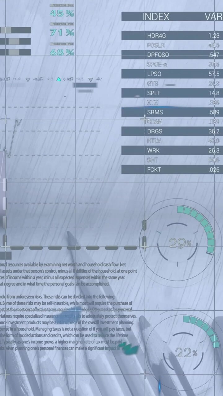 Animation of digital infographic interface over pencils and crayons and pins on white paper