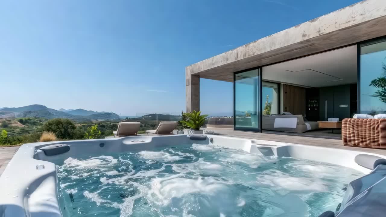 Lussuosa villa con un design moderno, caratterizzata da una vasca idromassaggio in primo piano.