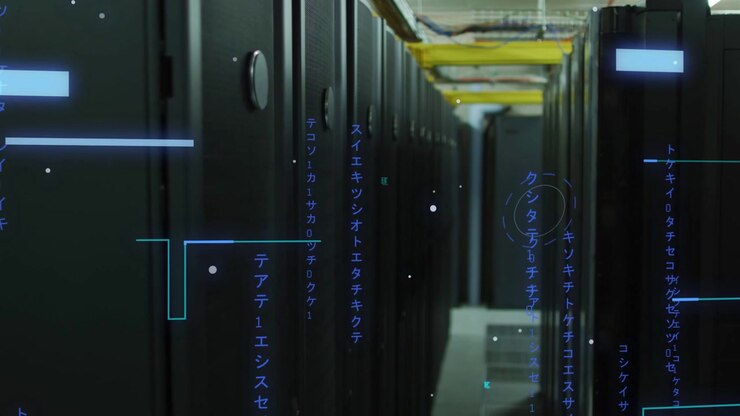 Camera pushing forward causing neon HUD glyphs drifting across central aisle visualizing data flow