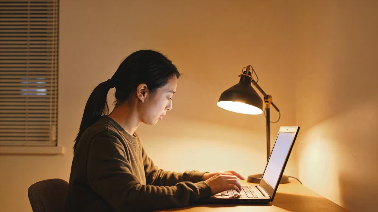 一名綁馬尾、穿深色毛衣的成年女性，在家中書桌的燈光下使用手提電腦打字工作。