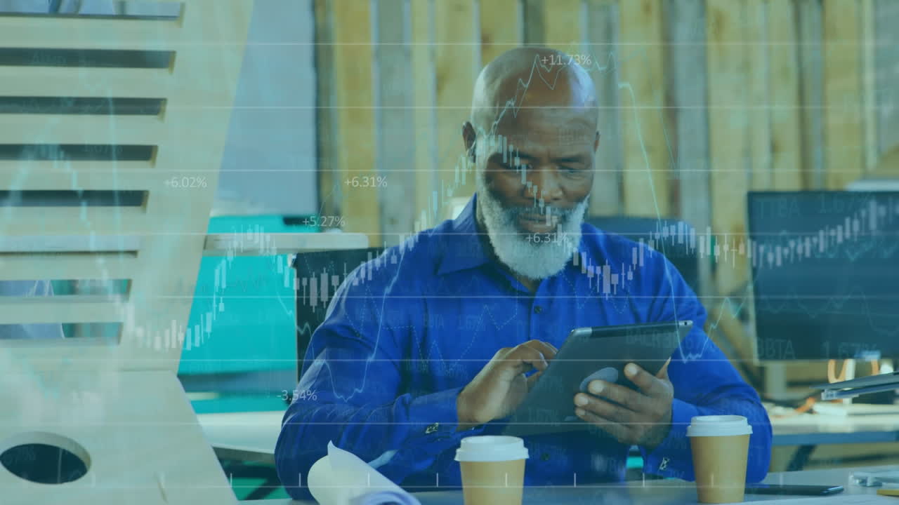 Animation of financial data processing over businessman in office