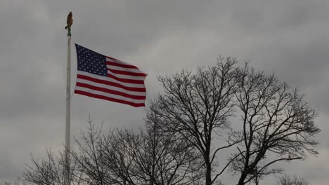 Flagge-Der-Vereinigten-Staaten-Und-Fahnenmast-Mit-Adlerspitze-Vor-Stürmischem-Grauem-Himmel-Mit-Blattlosen-Winterbäumen-Im-Hintergrund-4k